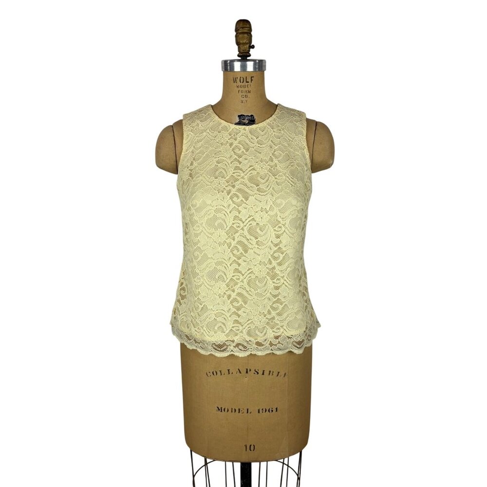 Vintage 90s Lace Shell Womens Small Yellow Cream Sleeveless Shirt Rena Rowan